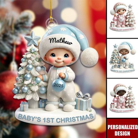 Süßes Baby steht neben Weihnachtsbaum 3D-Effekt Babys erstes Weihnachten personalisierte Ornament